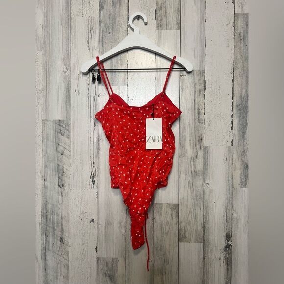 Zara Red Star Print Lace-Up Bodysuit Size XS NWT - Picture 10 of 11